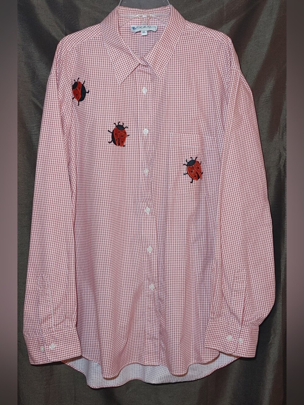 Vintage Las Olas ladybug embroidered micro-gingham button-down shirt XL